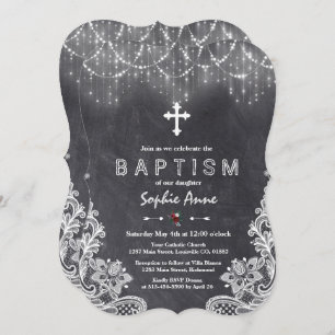 Vintage String Lights Snowflakes Chalk Baptism Invitation
