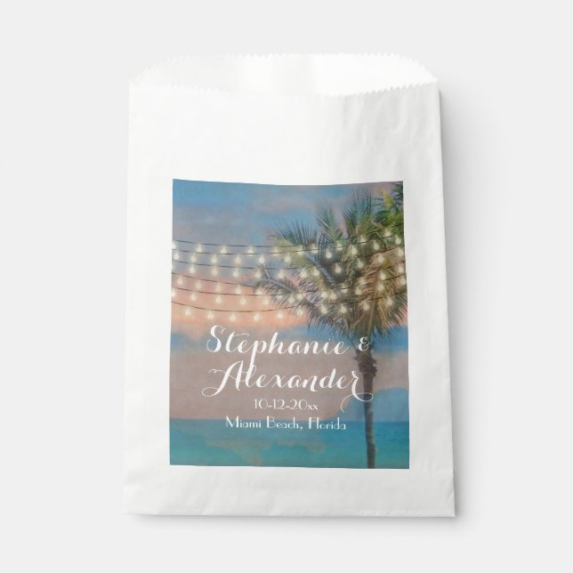 Vintage String Lights Sunset Beach Wedding Favour Bags (Front)
