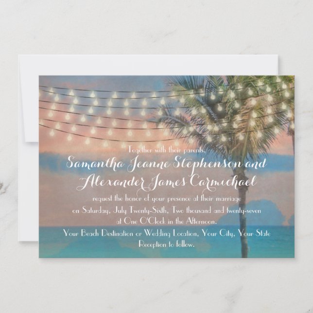 Vintage String Lights Sunset Beach Wedding Invitation (Front)