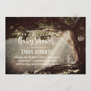 Vintage String Lights Tree Cute Bunny Baby Shower Invitation