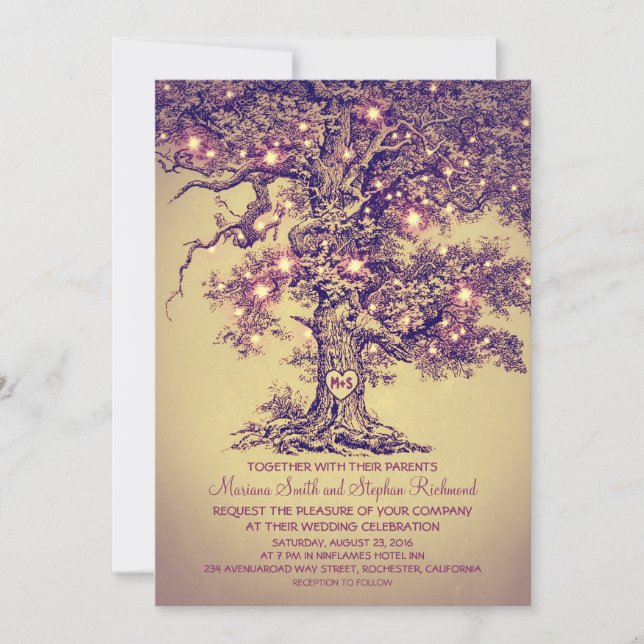 Vintage String Lights Tree Rustic Wedding Invites (Front)