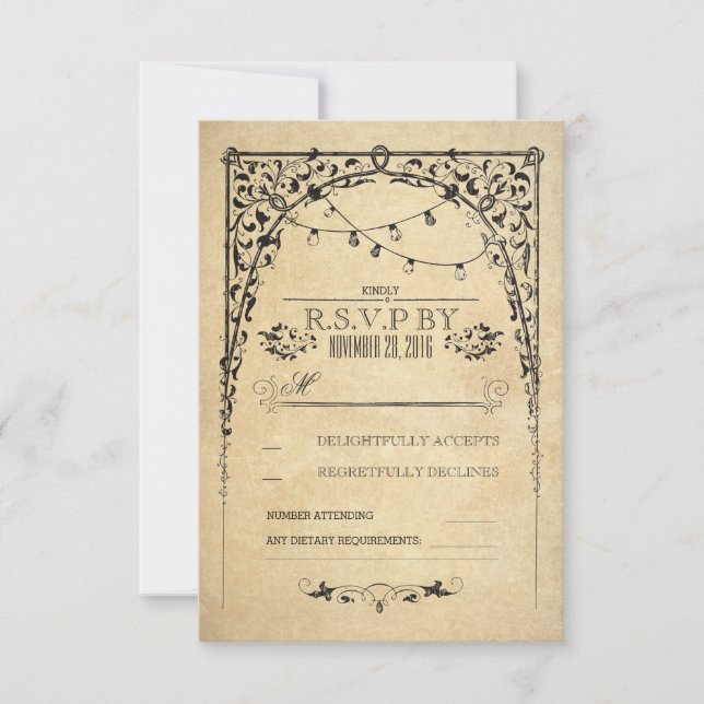 vintage string lights wedding RSVP card (Front)