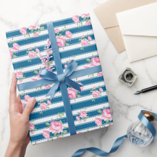 Vintage stripe and floral roses classic Navy Wrapping Paper