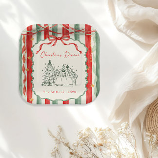 Vintage Stripe Bow Christmas Dinner Paper Plate