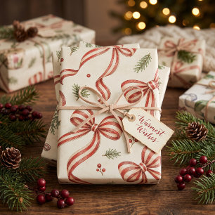 Vintage Stripe Bow Evergreen Christmas Wrapping Paper Sheet