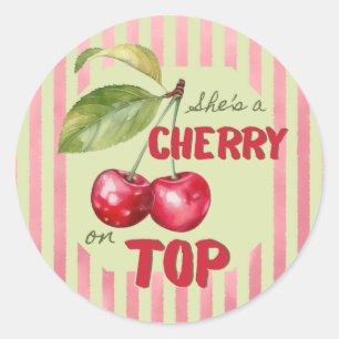 Vintage Stripe Cherry Garden Baby Shower Classic Round Sticker