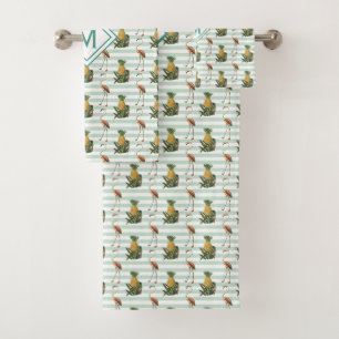 Vintage Stripe Flamingo Pineapple Pattern Monogram Bath Towel Set