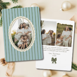 Vintage Stripe Green Bow 3-Photo Family Holiday Card