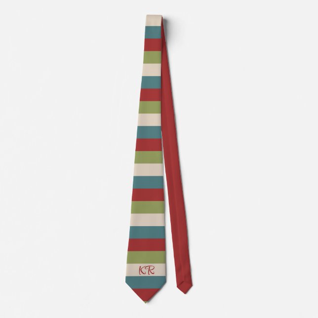 Vintage Stripe Pattern Red Green Blue Initials Tie (Front)