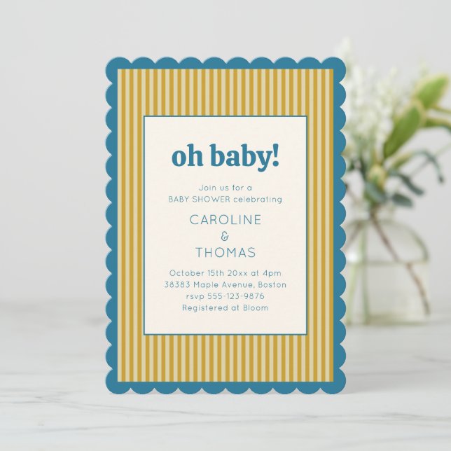 Vintage Stripe Scallop Blue Yellow Baby Shower Invitation (Standing Front)