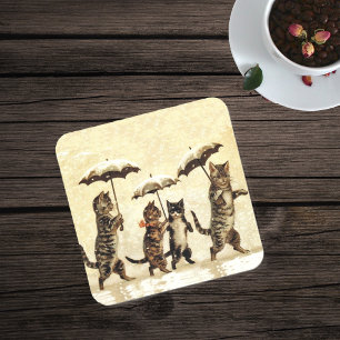 Vintage Striped Cats Umbrellas Dancing Snow Coaster