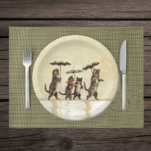 Vintage Striped Cats Umbrellas Dancing Snow Paper Plate