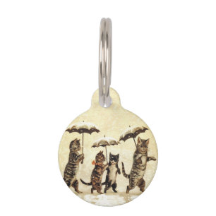 Vintage Striped Cats Umbrellas Dancing Snow Pet Tag