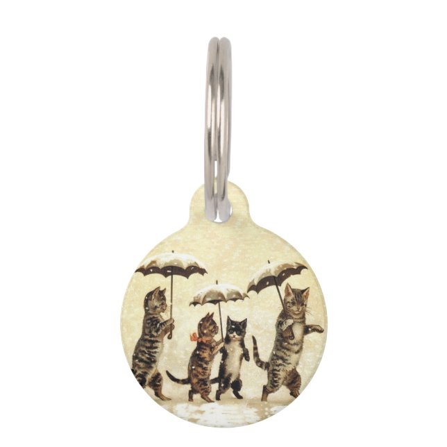 Vintage Striped Cats Umbrellas Dancing Snow Pet Tag (Front)