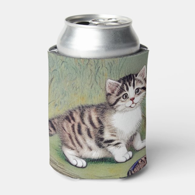 Vintage Striped Kitten Illustration Can Cooler (Can Front)