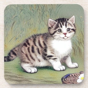 Vintage Striped Kitten Illustration Coaster