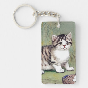 Vintage Striped Kitten Illustration Key Ring