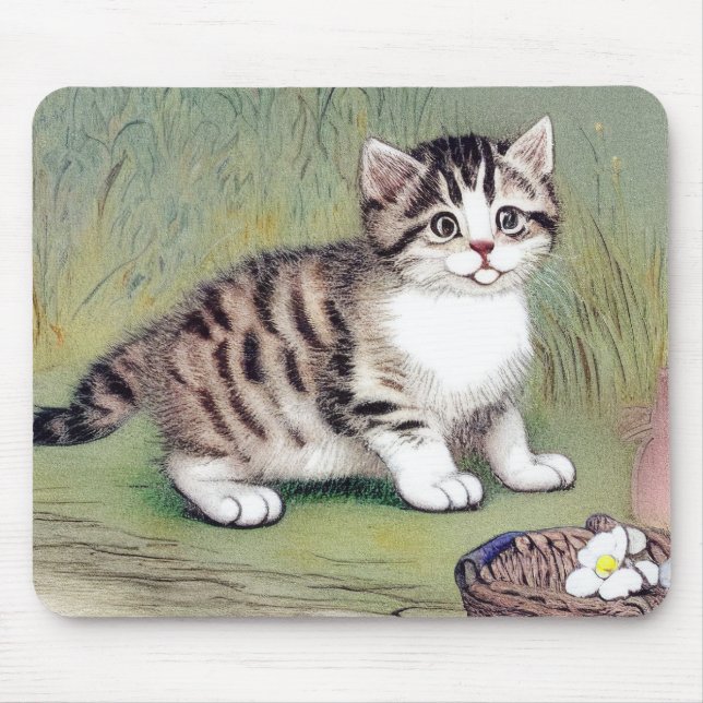Vintage Striped Kitten Illustration Mouse Mat (Front)