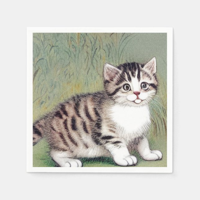 Vintage Striped Kitten Illustration Napkin (Front)