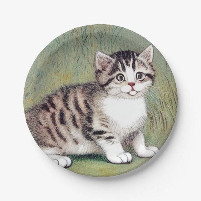 Vintage Striped Kitten Illustration Paper Plate (Front)