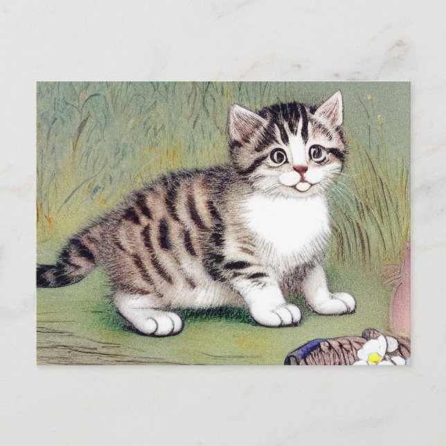 Vintage Striped Kitten Illustration Postcard (Front)