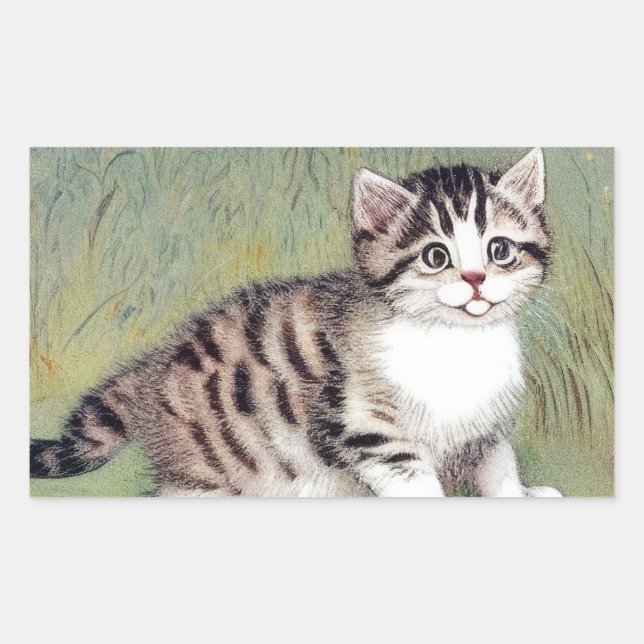 Vintage Striped Kitten Illustration Rectangular Sticker (Front)