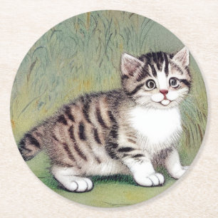 Vintage Striped Kitten Illustration Round Paper Coaster