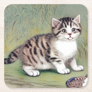 Vintage Striped Kitten Illustration Square Paper Coaster