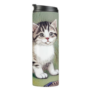 Vintage Striped Kitten Illustration Thermal Tumbler
