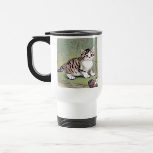 Vintage Striped Kitten Illustration Travel Mug