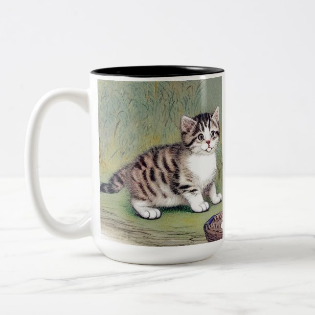 Vintage Striped Kitten Illustration Two-Tone Coffee Mug (Left)