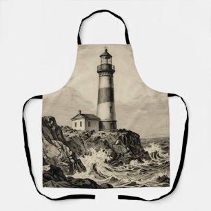 Vintage Striped Lighthouse Stormy Coast  Apron