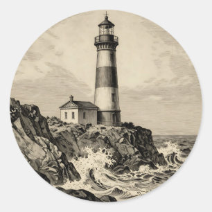 Vintage Striped Lighthouse Stormy Coast Classic Round Sticker