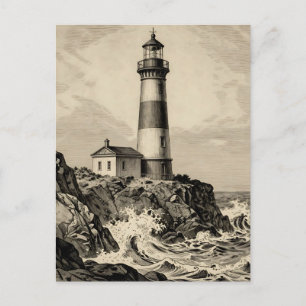 Vintage Striped Lighthouse Stormy Coast Postcard