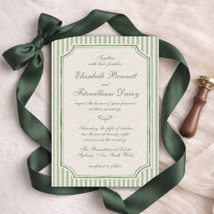 Vintage Striped Sage Green Handwritten Wedding Invitation