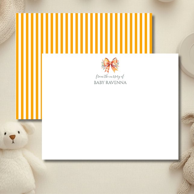 Vintage Striped Tangerine Bow Nursery Note Card (Creator Uploaded)