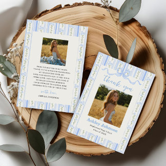 Vintage Stripes Blue Bow Graduation Photo Thank You Card