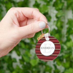 Vintage Stripes Burgundy Red Tan White Custom Key Ring