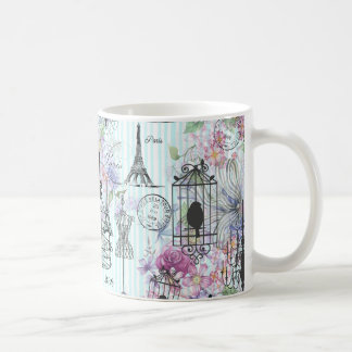 Vintage stripes Eiffel Tower collage pink floral Coffee Mug