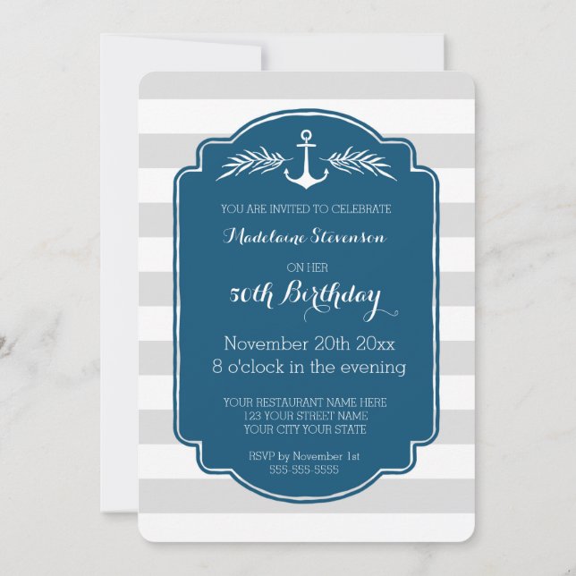 Vintage Stripes Nautical 50th Birthday Party Invitation (Back)