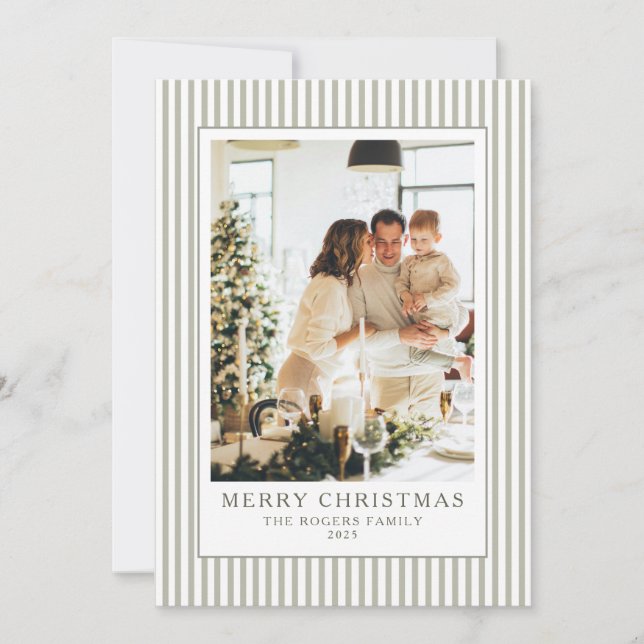 Vintage Stripes Sage Green Photo Christmas Holiday Card (Front)