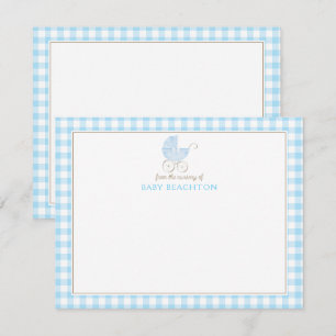 Vintage Stroller Blue Gingham Baby Boy Note Cards