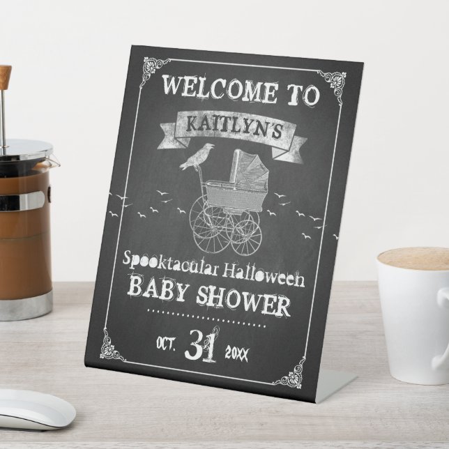Vintage Stroller Halloween Baby Shower Welcome Pedestal Sign (In SItu)