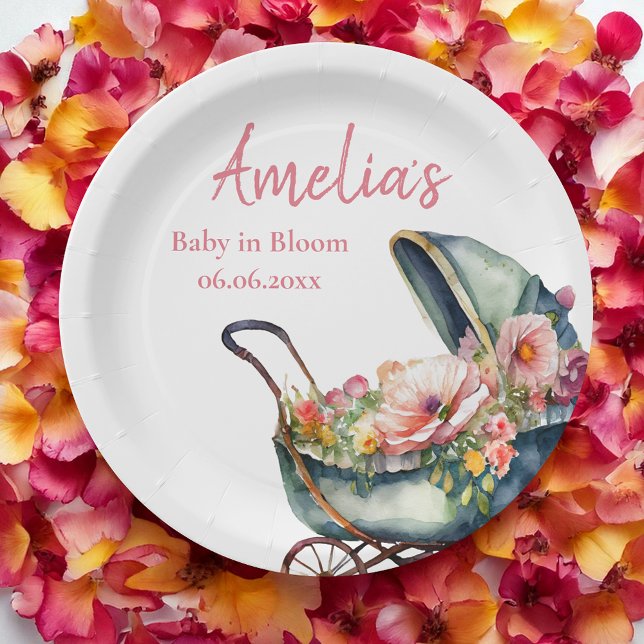 Vintage Stroller Personalised Baby Shower Paper Plate (Pretty vintage baby shower party plates🌸🌸)