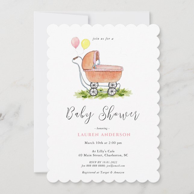 Vintage stroller Pink Girl Baby Shower Invitation (Front)
