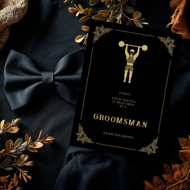 Vintage Strongman Golden Effect Groomsman (Vintage Strongman Fake Golden Effect Groomsman & Best Man Proposal Cards.)