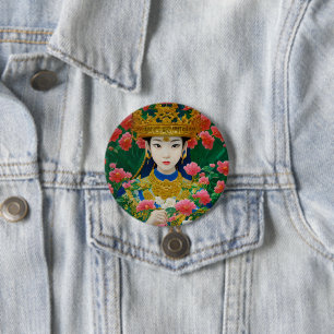 Vintage Style Abstract Asian Girl with Flowers 7.5 Cm Round Badge