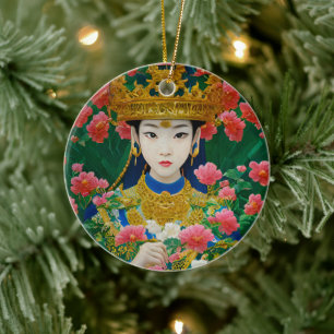 Vintage Style Abstract Asian Girl with Flowers Ceramic Tree Decoration