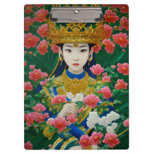 Vintage Style Abstract Asian Girl with Flowers Clipboard
