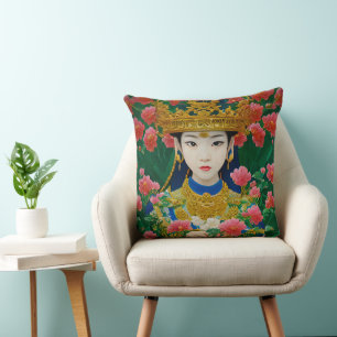 Vintage Style Abstract Asian Girl with Flowers Cushion
